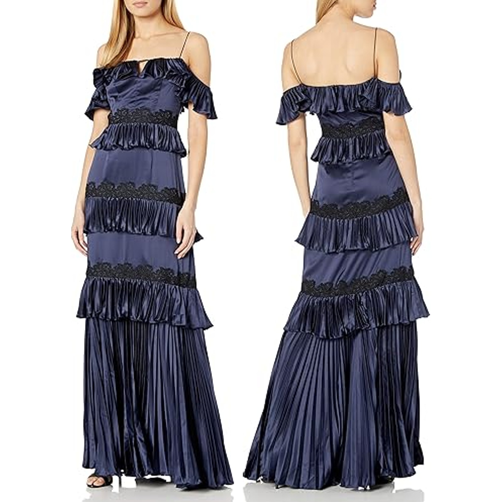 Amur Ariel Off-Shoulder Pleated Ruffle Lace Trim Long Dress Navy Blue Women's 6